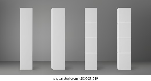 Base white square columns set isolated on grey background. Realistic 3d pillar for modern room interior or bridge construction. Vector render pole base for banner or billboard