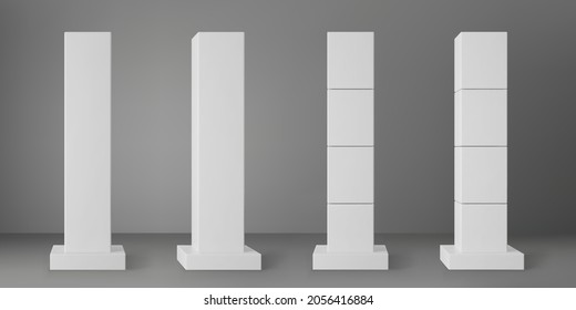 Base white square columns set with rectangular plinth isolated on grey background. Realistic 3d pillar for modern room interior or bridge construction. Vector render pole base for banner or billboard