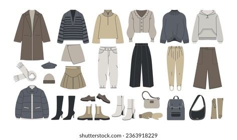 Base winter wardrobe. Female stylish outfits capsule set, warm women fashion clothes footwear bags. Vector cartoon collection