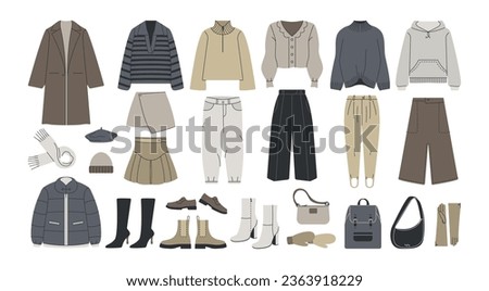 Base winter wardrobe. Female stylish outfits capsule set, warm women fashion clothes footwear bags. Vector cartoon collection