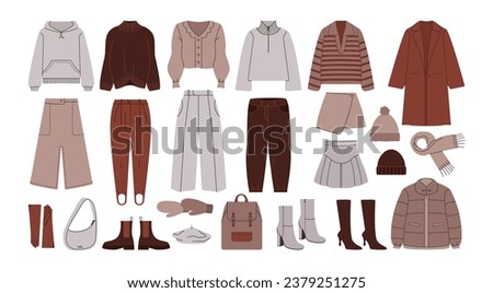 Base winter wardrobe. Female stylish outfits capsule, warm women fashion clothes footwear bags. Vector cartoon set