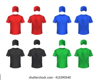 Basebal cap and t-shirt front and back sets in blue green black red realistic isolated vector illustration 