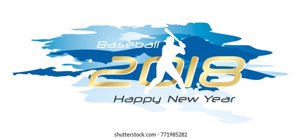 Baseball 2018 Happy New Year logo icon watercolor blue white background