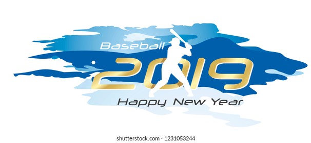 Baseball 2019 Happy New Year gold logo icon watercolor blue white background