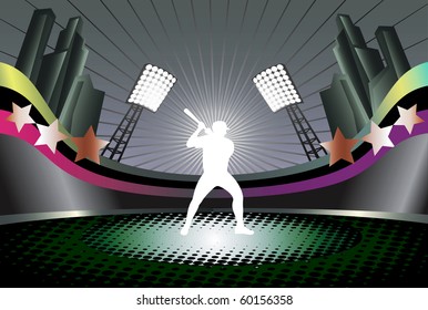 Baseball  abstract vector illustration with player silhouette and stadium background.