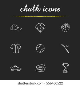 Baseball accessories chalk icons set. Cap, field, mitt, shirt, ball, bat, shoe, tickets, winner's award. Softball player's kit. Isolated vector chalkboard illustrations