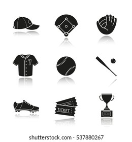 Baseball accessories drop shadow black icons set. Cap, field, mitt, shirt, ball, bat, shoe, tickets, winner's award. Softball player's kit. Isolated vector illustrations