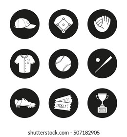 Baseball accessories icons set. Cap, field, mitt, shirt, ball, bat, shoe, tickets, winner's award. Softball player's kit. Vector white silhouettes illustrations in black circles