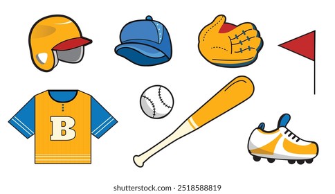 baseball accessories. Uniforms, gloves, helmets, caps, bats, balls isolated on white background.