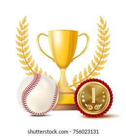 Baseball Achievement Award Vector. Sport Banner Background. White Ball, Red Stitches, Winner Cup, Golden 1st Place Medal. Realistic Isolated Illustration
