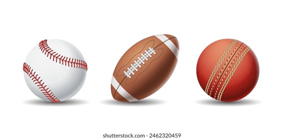 Baseball, American football and cricket balls realistic vector illustration set. Team sports inventory. Equipment for active training 3d objects