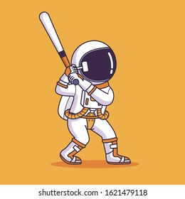 Baseball Astronaut swing baseball bat, vector cartoon sport illustration