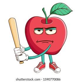 baseball athlete of apple fruit cartoon character with funny bad mood expression