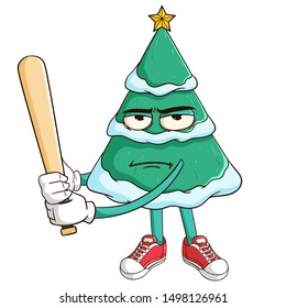 Baseball athlete of christmas tree cartoon character with funny flat face