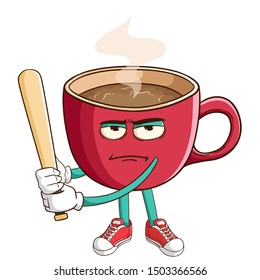 baseball athlete of coffee cup cartoon character with funny bad mood expression