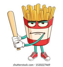 baseball athlete of french fries cartoon character with funny bad mood expression
