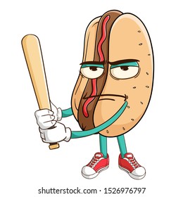 Baseball Athlete Of Hot Dog Cartoon Character With Funny Bad Mood Expression