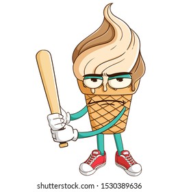 baseball athlete of ice cream waffle cone cartoon character with funny bad mood expression
