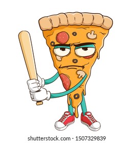 baseball athlete of pizza slice cartoon character with funny bad mood expression