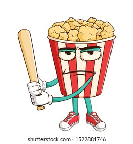 baseball athlete of popcorn cartoon character with funny bad mood expression