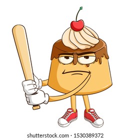 baseball athlete of pudding custard cartoon character with funny bad mood expression