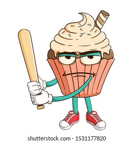 baseball athlete of vanilla cupcake cartoon character with funny bad mood expression