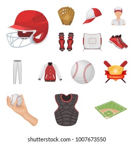 Baseball and attributes cartoon icons in set collection for design.Baseball player and equipment vector symbol stock web illustration.