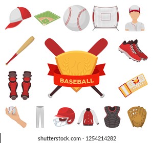 Baseball and attributes cartoon icons in set collection for design.Baseball player and equipment vector symbol stock web illustration.