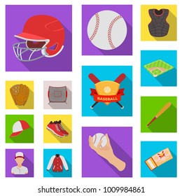 Baseball and attributes flat icons in set collection for design.Baseball player and equipment vector symbol stock web illustration.