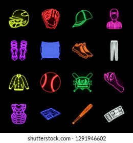 Baseball and attributes neon icons in set collection for design.Baseball player and equipment vector symbol stock web illustration.