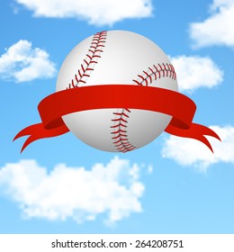 Baseball background - 3d ball wit red ribbon into the blue sky