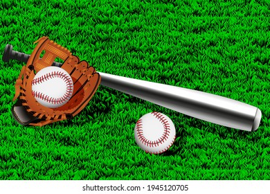 Baseball background with baseball ball, bat, and glove on a field grass. Vector illustration