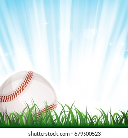 Baseball Background/ Illustration of an american baseball ball on grass, with light and shining sky