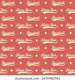 Baseball background. Baseball retro style colors seamless pattern. Home Run and Baseball wordings. Digital paper, wrapping, textile, fabric, kids clothing, sports wallpaper. Repeating tile texture