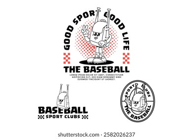 baseball backpack retro cartoon character mascot mascot outline line art illustration set with standing pose, peace hand, carry a baseball bat for baseball softball sport club mascots and merchandise