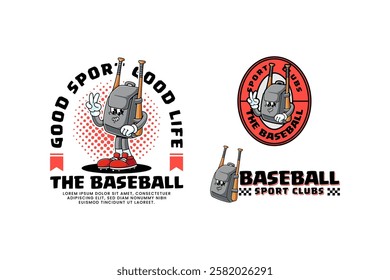 baseball backpack retro cartoon character mascot illustration collection set with standing pose, peace hand, carry a baseball bat for baseball softball sport club mascots and merchandise