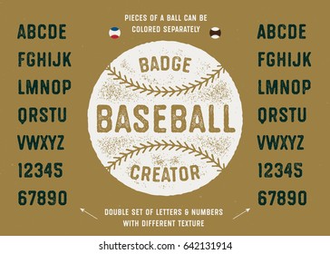 Baseball Badge Creator. Ball Illustration And Vintage Textured Sport Baseball Style Typeface. Vector Graphics.