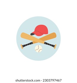 Baseball badge design with crossed bats, flat vector illustration isolated on white background. Colorful baseball circle badge or sticker, emblem template.
