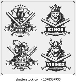 Baseball badges, labels and design elements. Sport club emblems with viking, king, knight and crusader.