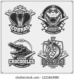 Baseball badges, labels and design elements. Sport club emblems with cobra, crocodile and dragon.