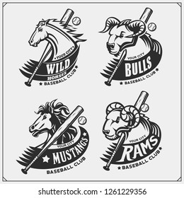 Baseball badges, labels and design elements. Sport club emblems with ram, bull and horse. Print design for t-shirts.