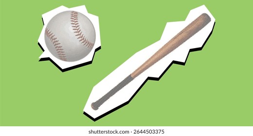 Baseball ball and bat dotted collage element in a torn paper vector, created with pointillism. A dynamic, artistic duo for baseball sports, teamwork, achievement, or athletic events.
