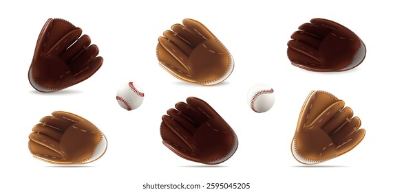 Baseball ball, bat, glove. 3d white softball, vintage player mitt, wood line stick. Logo base equipment illustration. Catch flyer american field sport. Red texture sweepstakes. Vector isolated clipart