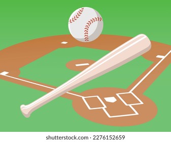 Baseball ball, bat and Ground. Vector illustration.