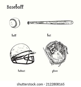 Baseball ball and bat, helmet and glove. Ink black and white doodle drawing in woodcut style.
