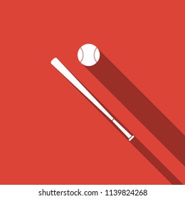 Baseball ball and bat icon isolated with long shadow. Flat design. Vector Illustration