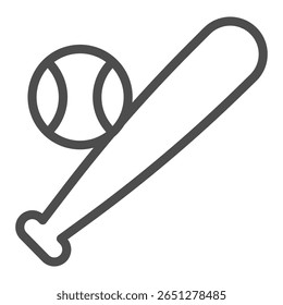 Beisebol com ícone de linha de taco, conceito de jogo de beisebol. Gráficos vetoriais. Morcego e bola, sinal de atributo de esporte no fundo branco, ícone de estilo de contorno para design móvel ou web