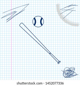 Baseball ball and bat line sketch icon isolated on white background. Vector Illustration