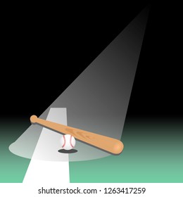 baseball ball and bat on green football field highlighted top down. colorful vector illustration