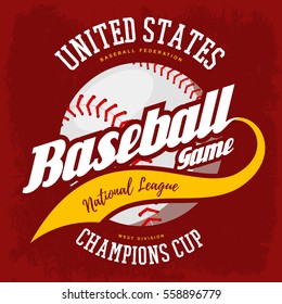 Baseball ball for bat-and-ball national american sport game emblem. United states sport logo or USA athletic league print for t-shirt, advertising of team. Pitcher ball with ribbon.